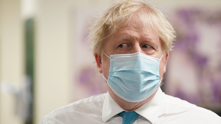 Prime Minister Boris Johnson during a visit to the Kent Oncology Centre at Maidstone Hospital in Kent. Picture date: Monday February 7, 2022.
