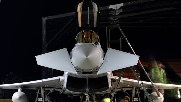 Four Royal Air Force Typhoon FGR4 have arrived at RAF Akrotiri after transiting from the UK. UK’s substantial contribution to NATO’s uplift in Eastern Europe is strengthening the Alliance’s Defences on land, sea and air, amid ongoing tensions with Russia. Issue date: Wednesday February 16, 2022.
