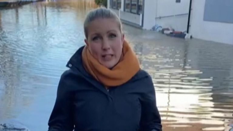 Sky's katie barnfield is in bewdley where rising floodwater has started to overtop temporary flood barriers, damaging houses.