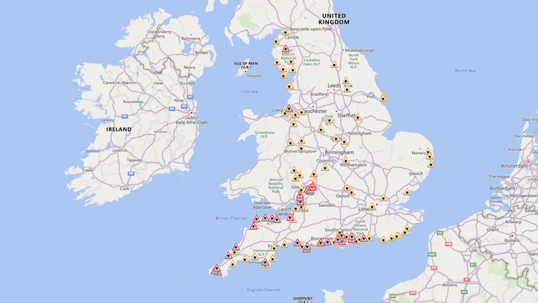 This map from the Environment Agency shows the flood warnings and alerts in place as of Friday morning