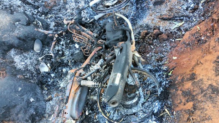 Li Reh & # 39 ;s bike was found burnt among the other vehicles.  Pic: KSP 
