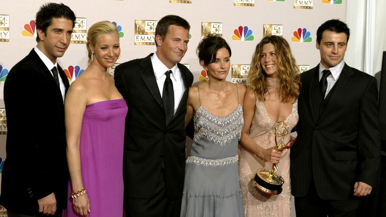 The cast of Friends at the 54th annual Emmy Awards in Los Angeles in 2002: (L-R) David Schwimmer, Lisa Kudrow, Matthew Perry, Courteney Cox, Jennifer Aniston and Matt LeBlanc
