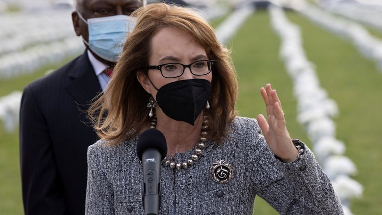 Former U.S. Rep. Gabby Giffords (D-AZ), who resigned her seat in Congress due to a severe brain injury suffered during an assassination attempt, speaks during a news conference at the new Gun Violence Memorial on the National Mall in Washington, U.S., April 14, 2021. REUTERS/Carlos Barria