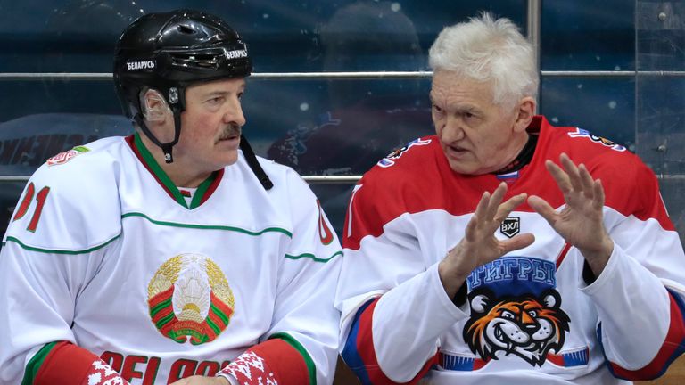 Mr Timchenko (right) is pictured with Belarusian President Alexander Lukashenko in 2019. Pic: AP