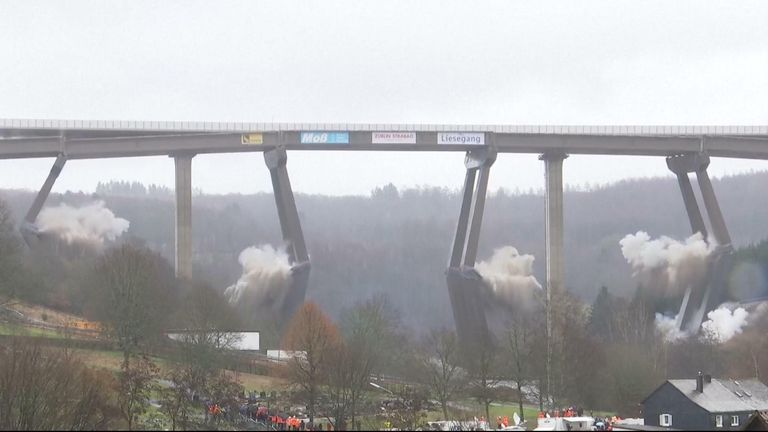 A motorway bridge in Germany was collapsed in a controlled explosion