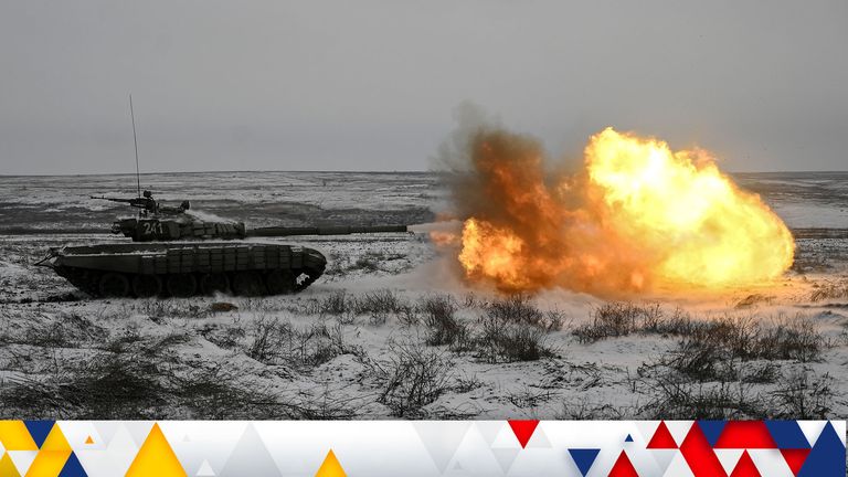 A Russian T-72B3 main battle tank fires during combat exercises at the Kadamovsky range in the southern Rostov region, Russia January 12, 2022. REUTERS/Sergey Pivovarov