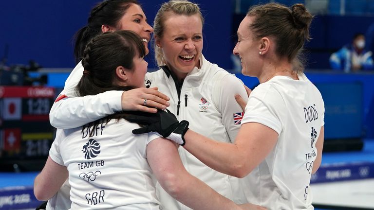 Left to right, Great Britain&#39;s Hailey Duff, Eve Muirhead, Vicky Wright and Jennifer Dodds celebrate victory after the Women&#39;s Curling Semi-Final during day fourteen of the Beijing 2022 Winter Olympic Games at the National Aquatics Centre in Beijing, China. Picture date: Friday February 18, 2022.
