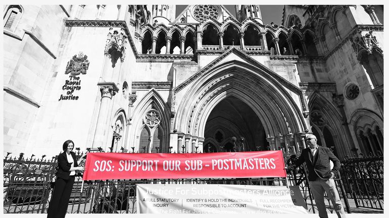 Sub-postmaster protesters outside the Royal Courts of Justice in London