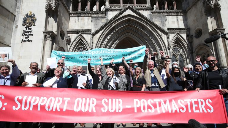 Former post office workers celebrate outside the Royal Courts of Justice, London, after having their convictions overturned by the Court of Appeal. Thirty-nine former subpostmasters who were convicted of theft, fraud and false accounting because of the Post Office&#39;s defective Horizon accounting system have had their names cleared by the Court of Appeal. Issue date: Friday April 23, 2021.
