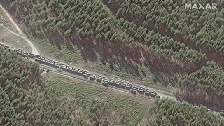 This satellite image provided by Maxar Technologies shows the northern end of a convoy of Russian vehicles southeast of Ivankiv, Ukraine on Monday, Feb. 28, 2022. (Maxar Technologies via AP)
PIC:MAXAR/AP