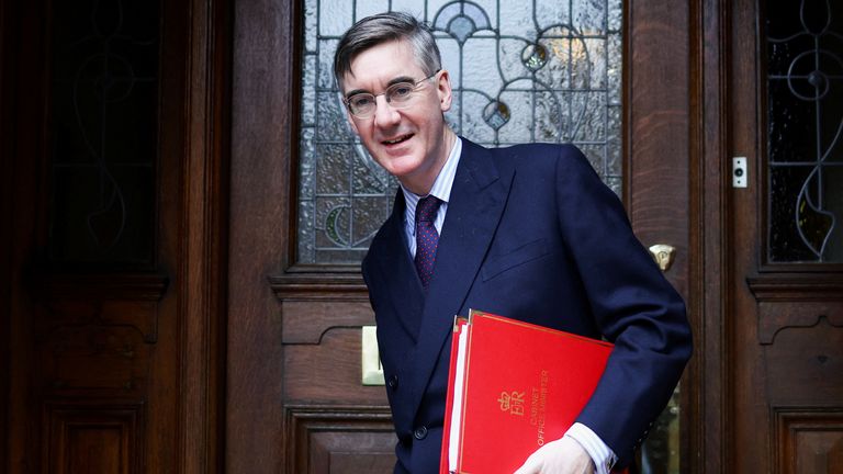 Jacob Rees-Mogg leaves a home, after being appointed "Minister for Brexit Opportunities" yesterday, in London, Britain, February 9, 2022. REUTERS/Tom Nicholson
