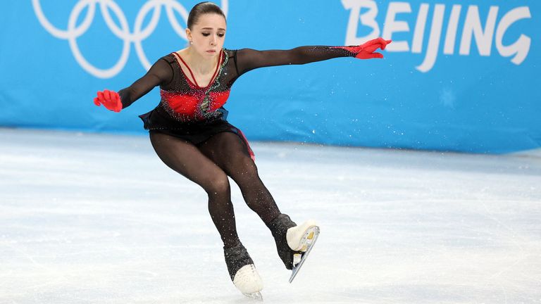 Feb 17, 2022; Beijing, China; Kamila Valieva (ROC) in the women&#39;s figure skating free program during the Beijing 2022 Olympic Winter Games at Capital Indoor Stadium. Mandatory Credit: George Walker IV-USA TODAY Sports