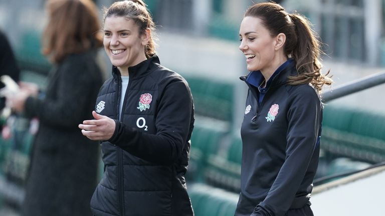 The Duchess of Cambridge, in her new role as Patron of the Rugby Football Union, during a visit to Twickenham Stadium, to meet England players, coaches and referees and join a training session on the pitch. Picture date: Wednesday February 2, 2022.
https://explore.pa.media/create/images/6a818399-3e09-4f34-a435-953b702094c8
