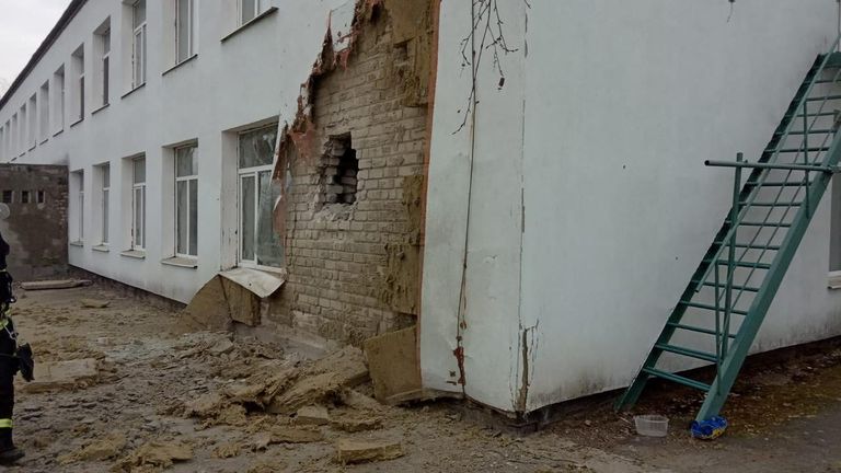 An exterior view shows a kindergarten, which according to Ukraine&#39;s military officials was damaged by shelling, in Stanytsia Luhanska in the Luhansk region, Ukraine, in this handout picture released February 17, 2022. Press Service of the Joint Forces Operation/Handout via REUTERS ATTENTION EDITORS - THIS IMAGE HAS BEEN SUPPLIED BY A THIRD PARTY.
