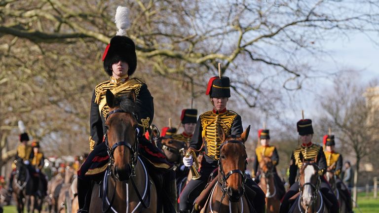Members of the King&#39;s Troop, Royal Horse Artillery ahead of a gun salute in Green Park, central London, to mark the official start of the Platinum Jubilee. Picture date: Monday February 7, 2022.
