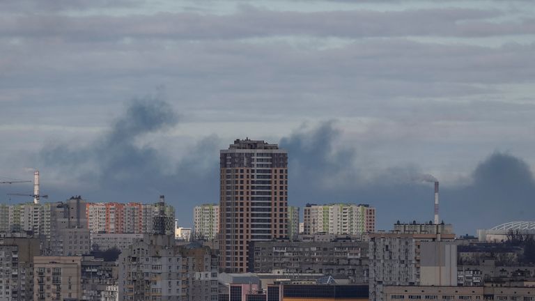 Smoke rises after shelling in Kyiv, Ukraine February 27, 2022. REUTERS/Gleb Garanich
