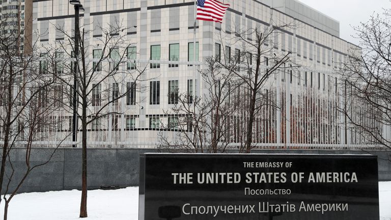 A view shows the U.S. embassy in Kyiv, Ukraine February 12, 2022. REUTERS/Valentyn Ogirenko