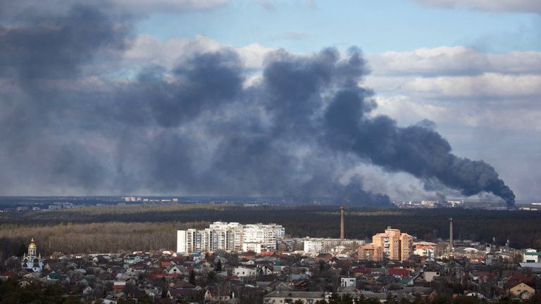 Smoke rising after shelling on the outskirts of the city is pictured from Kyiv, Ukraine February 27, 2022. REUTERS/Mykhailo Markiv
