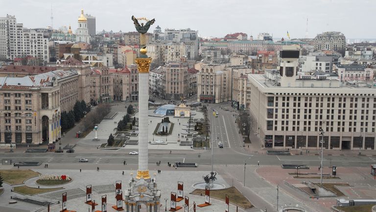 A general view shows Independence Square in central Kyiv, Ukraine February 25, 2022. REUTERS/Valentyn Ogirenko
