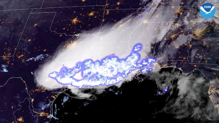 A bolt of lightning stretched nearly 500 miles across three US states - setting a new world record. Pic: AP