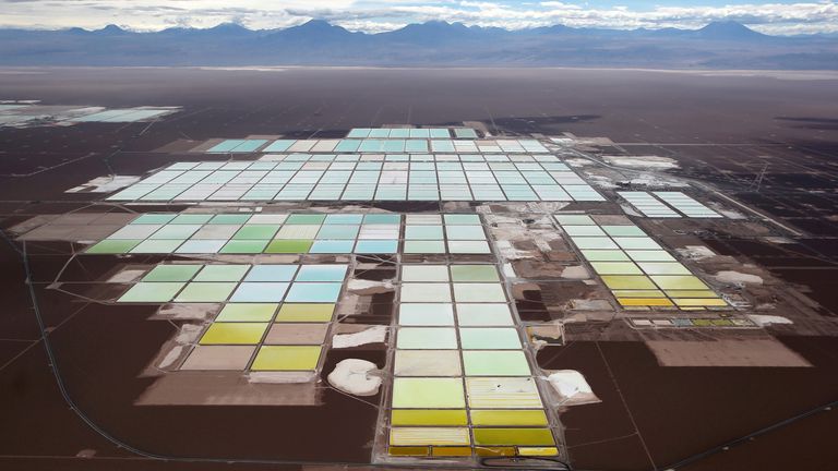 Brine pools and processing areas of the Soquimich (SQM) lithium mine in the Atacama desert of northern Chile