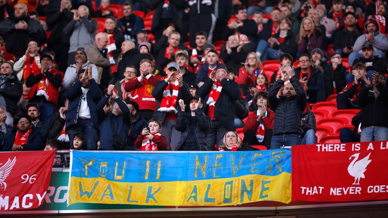 Soccer Football - Carabao Cup Final - Chelsea v Liverpool - Wembley Stadium, London, Britain - February 27, 2022 Liverpool fans with a banner in support of Ukraine inside the stadium before the match Action Images via Reuters/John Sibley
