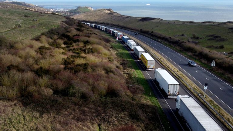 Lorries are queuing for the Port of Dover in Kent as the Dover TAP is enforced due to the high volume of lorries waiting to cross the English Channel. Dover TAP is a temporary traffic management system that shunts port-bound lorries in the left-hand lane of the A20 to prevent traffic congesting Dover and to improve air quality. Picture date: Tuesday February 8, 2022.