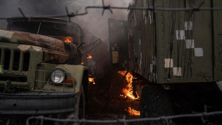 A damaged Ukrainian military facility in the aftermath of Russian shelling outside Mariupol, Pic: AP