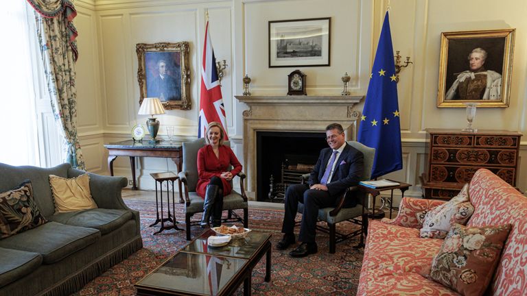 European Commission Vice-President for Interinstitutional Relations Maros Sefcovic and British Foreign Secretary Liz Truss attend a meeting in London, Britain February 11, 2022. Rob Pinney/Pool via REUTERS
