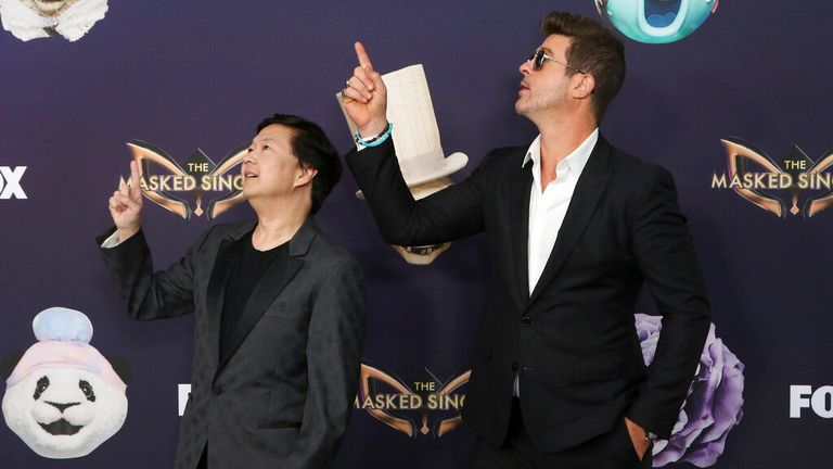 Ken Jeong, left, and Robin Thicke attend the LA Premiere of "The Masked Singer" Season 2 at The Bazaar by Jose Andres on Tuesday, Sep. 9, 2019, in Los Angeles. (Photo by Willy Sanjuan/Invision/AP)
