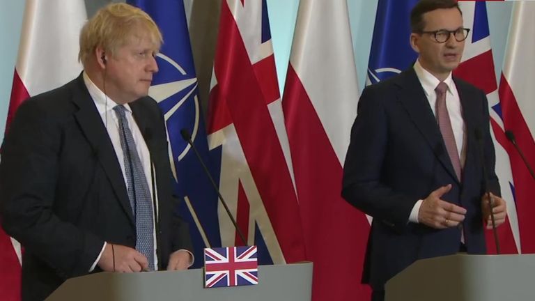 poland prime minister Mateusz Morawieckiand Boris Johnson speaks in Poland