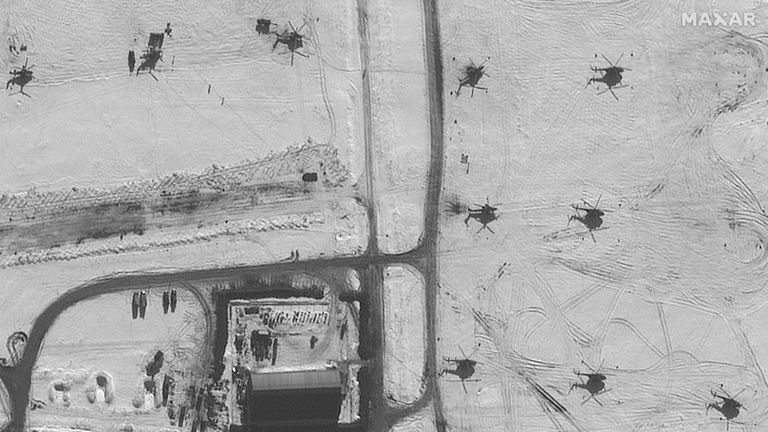 A new unit featuring more than 20 helicopters has been deployed near the Russian town of Valuyki - 16 miles east of Ukraine&#39;s border. Pic: Satellite image ©2022 Maxar Technologies