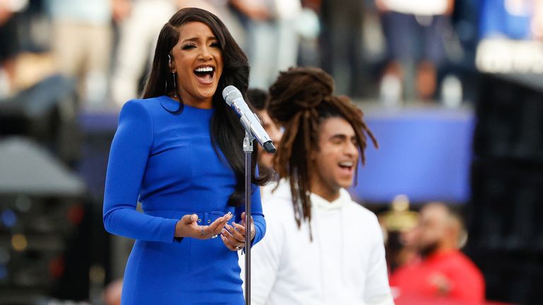 Mickey Guyton opened the 2022 Super Bowl with a performance of The Star Spangled Banner. Pic: John Angelillo/UPI/Shutterstock