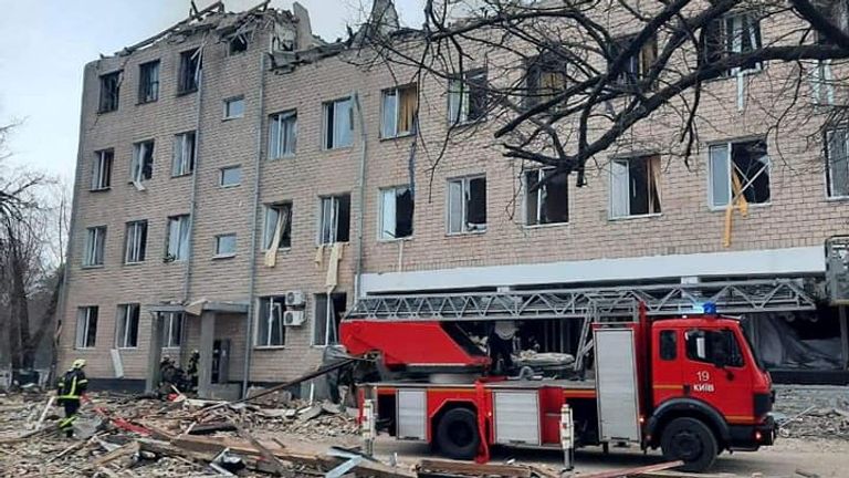A view shows a building of a military base, which, according to the State Emergency Service of Ukraine, was damaged by fire, after Russian President Vladimir Putin authorized a military operation in eastern Ukraine, in the town of Brovary, near Kyiv, Ukraine, in this handout picture released February 24, 2022. Press Service of the State Emergency Service of Ukraine/Handout via REUTERS ATTENTION EDITORS - THIS IMAGE HAS BEEN SUPPLIED BY A THIRD PARTY.
