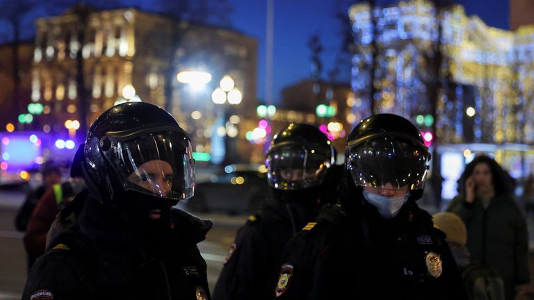 Members of police keep watch during an anti-war protest, after Russia launched a massive military operation against Ukraine, in Moscow, Russia February 24, 2022. REUTERS/Evgenia Novozhenina
