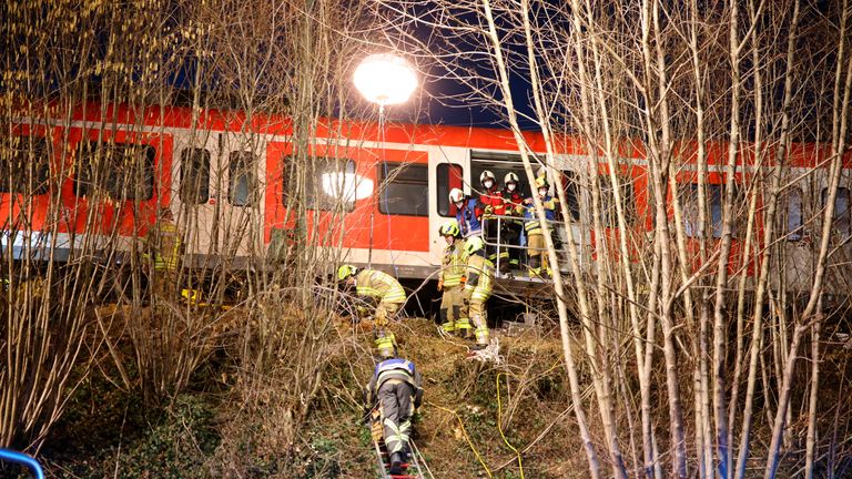 14 February 2022, Bavaria, Sch&#39;ftlarn: Rescue workers work at the scene of the accident. One person was killed and more than ten injured in a collision between two commuter trains in the Munich district on Monday. There was a low double-digit number of injured, reported a spokesman for the Munich police headquarters. Photo by: Matthias Balk/picture-alliance/dpa/AP Images

PIC:AP
