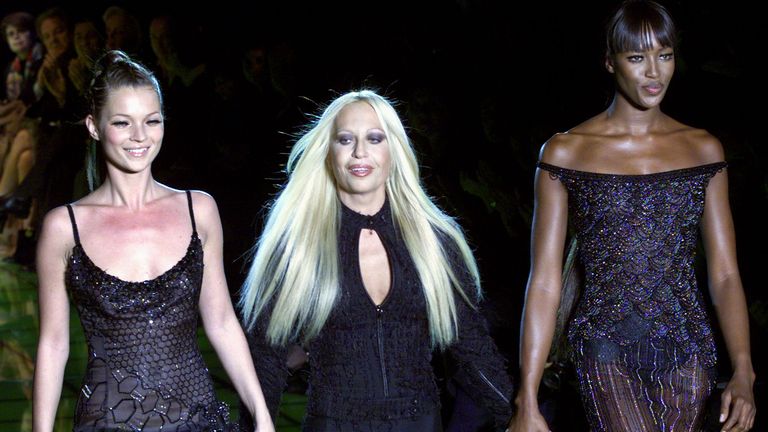 Italian fashion designer Donatella Versace (centre) alongside British models Kate Moss (left) and Naomi Campbell in 1999