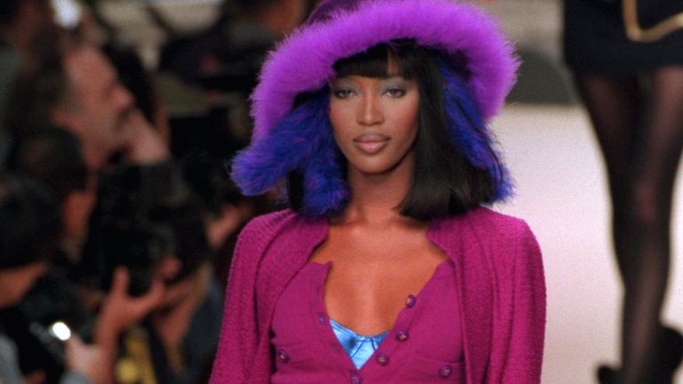 Supermodel Naomi Campbell walks the catwalk for French fashion house Chanel, designed by Karl Lagerfeld, in 1994