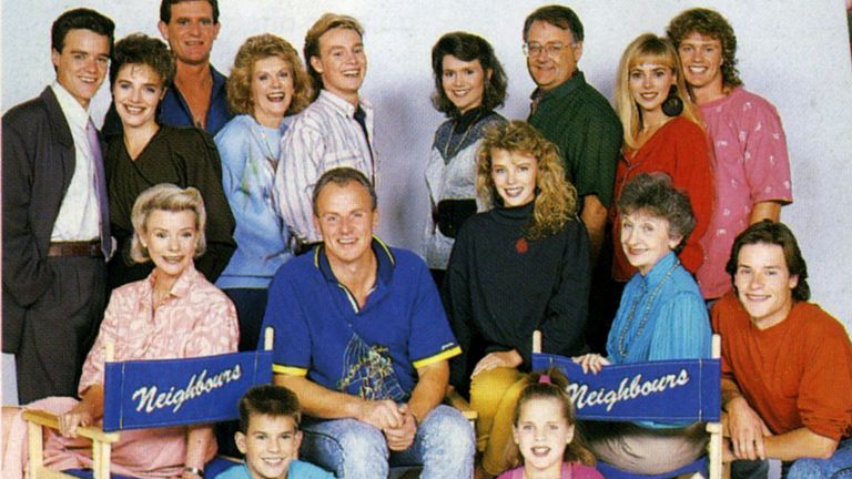 &#39;Neighbours&#39; TV Soap Early Cast Picture with Jason Donovan and Kylie Minogue. 1987. Pic: Fremantle Media/Shutterstock

1987