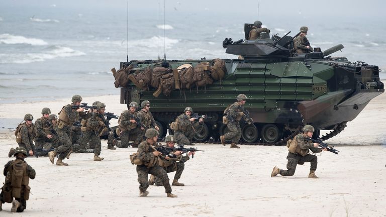 FILE - In this June 4, 2018, file photo, U.S. Marines take a part in a military exercise in the Baltic Sea near the village of Nemirseta, about 340 kilometers (211 miles) northwest of Vilnius, the capital of the former Soviet republic of Lithuania. Ahead of a summit meeting between U.S. President Joe Biden and Russian President Vladimir Putin on June 16, 2021, Moscow has accused the European Union and NATO members that once were part of the Soviet Union  
PIC:AP