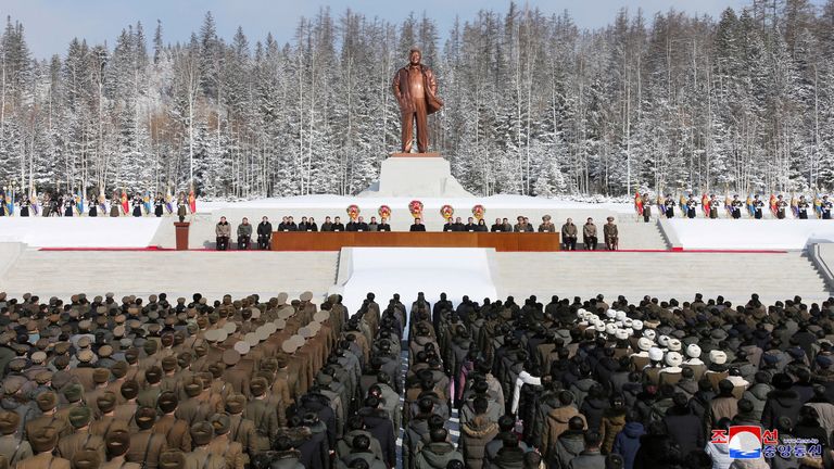 North Korean leader Kim Jong Un attends the celebration of the 80th birthday anniversary of late leader Kim Jong Il in front of his statue in Samjiyon City, North Korea