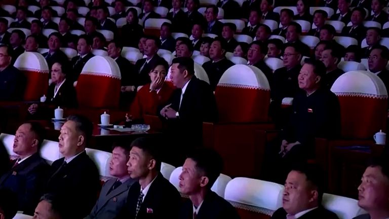 VIDEO SHOWS: NORTH KOREAN LEADER KIM JONG UN, HIS WIFE RI SOL JU, KIM&#39;S AUNT KIM KYONG HUI AND OFFICIALS WATCHING LUNAR NEW YEAR&#39;S DAY CONCERT / OFFICIALS APPLAUDING FOR KIM AND HIS WIFE / KIM JONG UN AND RI SHAKING HANDS WITH SINGERS AND TAKING GROUP PHOTOGRAPH

