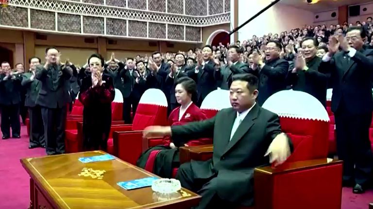 VIDEO SHOWS: NORTH KOREAN LEADER KIM JONG UN, HIS WIFE RI SOL JU, KIM&#39;S AUNT KIM KYONG HUI AND OFFICIALS WATCHING LUNAR NEW YEAR&#39;S DAY CONCERT / OFFICIALS APPLAUDING FOR KIM AND HIS WIFE / KIM JONG UN AND RI SHAKING HANDS WITH SINGERS AND TAKING GROUP PHOTOGRAPH

https://www.reutersconnect.com/all?id=tag%3Areuters.com%2C2022%3Anewsml_WDFWZC2TJ&share=true