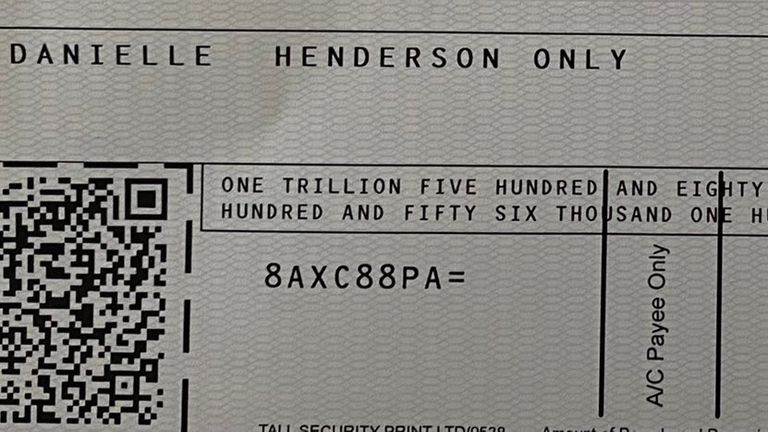 Danielle Henderson received a cheque for "one trillion five hundred and eighty billion nine hundred and fifty six thousand one hundred and four". Pic: Danielle Henderson