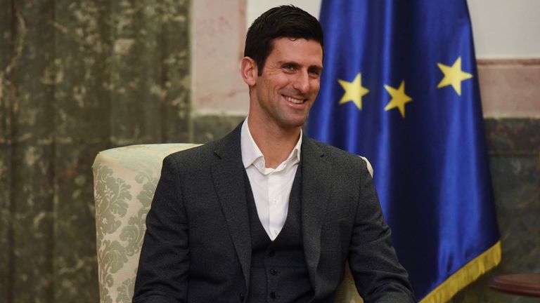 Serbian tennis player Novak Djokovic speaks with Serbia&#39;s President in Belgrade, Serbia, February 3, 2022. REUTERS/Zorana Jevtic
