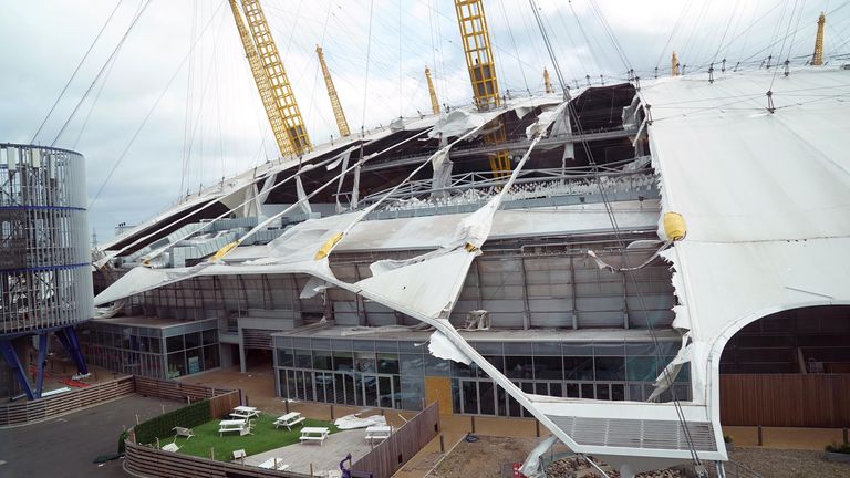 Damage to the roof of the O2 Arena (known as the Millennium Dome when it opened in 2000), in south east London, caused by Storm Eunice. Picture date: Friday February 18, 2022.