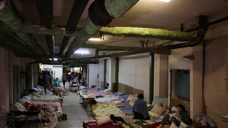 Children patients whose treatments are underway, parents and medical staff stay in one of the shelters of Okhmadet Children&#39;s Hospital, as Russia&#39;s invasion of Ukraine continues, in Kyiv, Ukraine February 28, 2022. REUTERS/Umit Bektas
