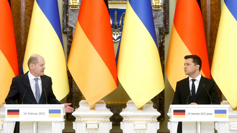 German Chancellor Olaf Scholz and Ukrainian President Volodymyr ZELENSKY attend a joint news conference in Kyiv, Ukraine February 14, 2022. REUTERS/Valentyn Ogirenko
