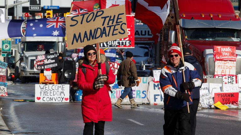 Truckers and their supporters continue to protest against coronavirus disease (COVID-19) vaccine mandates in Ottawa, Ontario, Canada