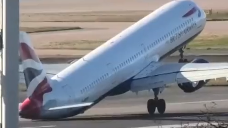 The moment the plane&#39;s tail appeared to touch the ground. Pic: Big Jet TV